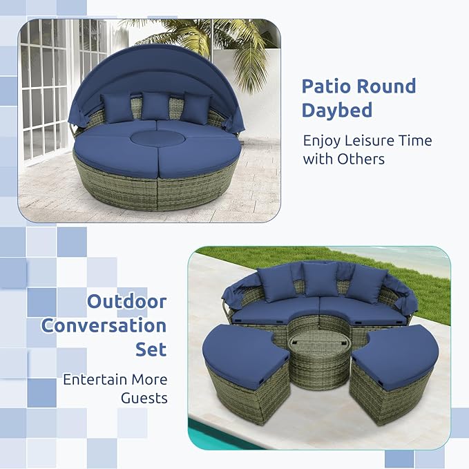 Tangkula Outdoor Round Daybed with Retractable Canopy, PE Wicker Sectional Seating Furniture with Cushions and Throw Pillows, Separates Cushioned Seats for Backyard, Poolside (Navy)