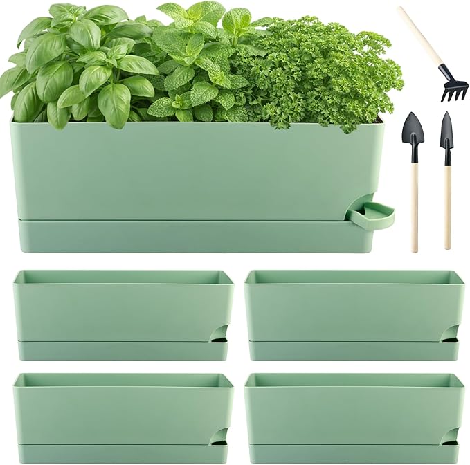4 Pack Self Watering Pots for Indoor Plants 17 Inches Window Boxes Planters Rectangular Flower Pots Rectangle Herb Pots Large Plant Pots with Drainage Holes and Saucers Windowsill Planter, Green