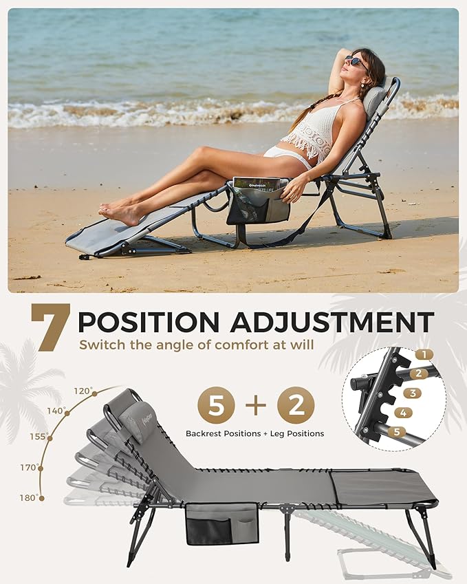 KingCamp Tanning Chair with Face Hole, Lounge Chairs Outdoor Folding Comfy Adjustable 5-Position Lay Flat Foldable Chaise Chaser Lounger for Outside Beach Patio Sun Bathing Pool, Grey