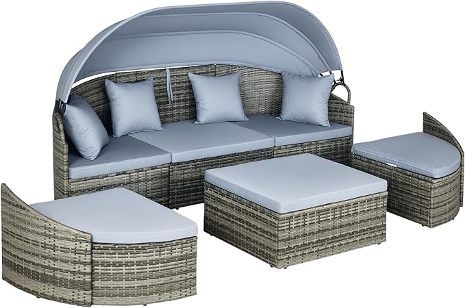 Outsunny 4-Piece Outdoor Rattan Furniture Set, Round Convertible Patio Daybed or Sunbed, Sectional Sofa with Canopy, Pillows, Cushions, Footrest, Table, PE Plastic Wicker, Light Gray
