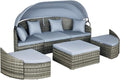 Outsunny 4-Piece Outdoor Rattan Furniture Set, Round Convertible Patio Daybed or Sunbed, Sectional Sofa with Canopy, Pillows, Cushions, Footrest, Table, PE Plastic Wicker, Light Gray