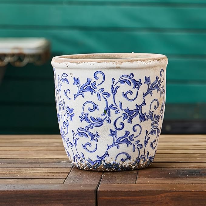 Vintage Ceramic Planter Without Drainage Hole, 6.5 Inch - Indoor/Outdoor Flower Pot for Orchids, Succulents, Blue Floral Rustic Farmhouse Plant Pot for Home, Office & Garden Décor, Ideal Gift