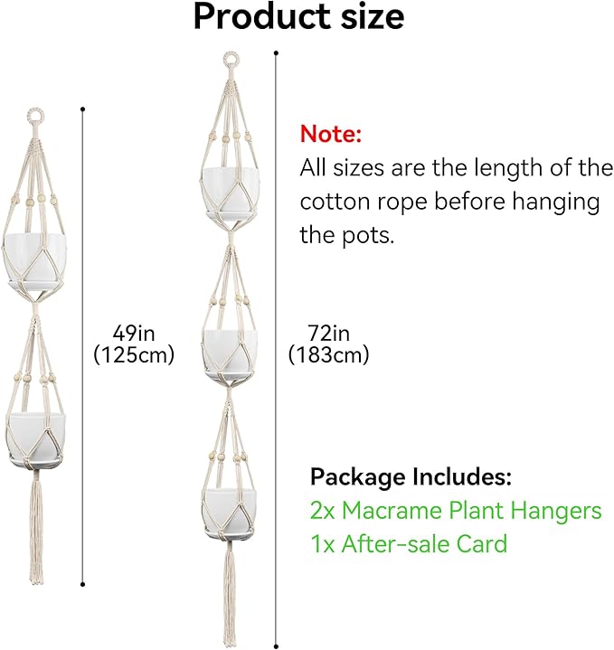 USLAI Macrame Plant Hanger Indoor Outdoor, Fits 4 to 8 Inch Pots, Strong Hanging Planter Holder, Boho Home Decor, 49+72 Inch, Ivory (POTS NOT Included)