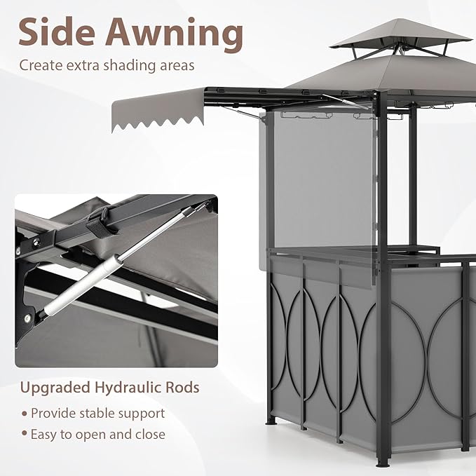Tangkula 3 Piece Patio Bar Set, Grill Gazebo & 2 Foldable Bar Stools with Awning, Metal Storage Shelves, Glass Holders, Double-Tier Outdoor Shelter for Patio Poolside Garden Backyard (Gray)