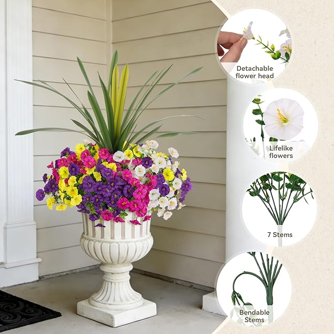 Artificial Flowers for Outdoors Fake Plants Outside, 12 Bundles Silk Morning Glory with Eucalyptus + Orchid Leaf UV Resistant Realistic Faux Flowers for Porch Planter Garden Patio (Mix Color)