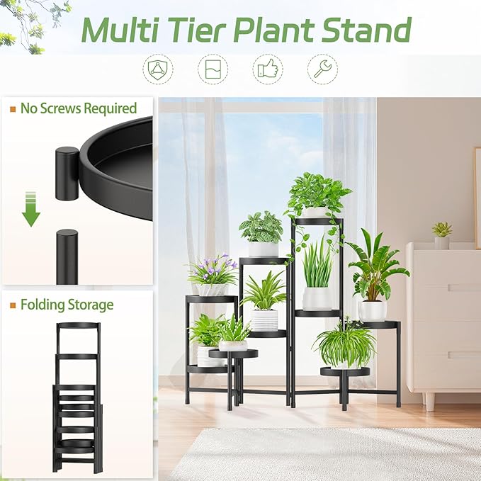 iDavosic.ly Plant Stand Indoor Outdoor, 9 Tier Corner Metal Flower Display Holder Shelf, Easy Assembly Folding Tall Orchid Rack for Patio Balcony Porch Garden Living Room House, Black
