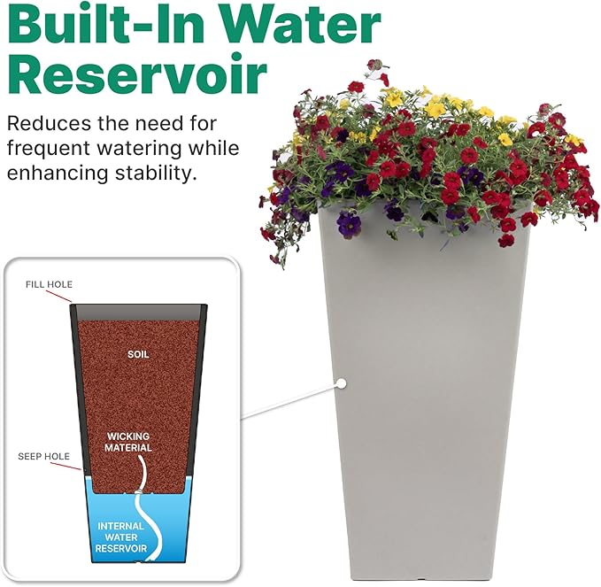Step2 Tremont Tall Square Tapered Planter, 28", Indoor/Outdoor Plants, Efficient Drainage, Durable Resin, Concrete