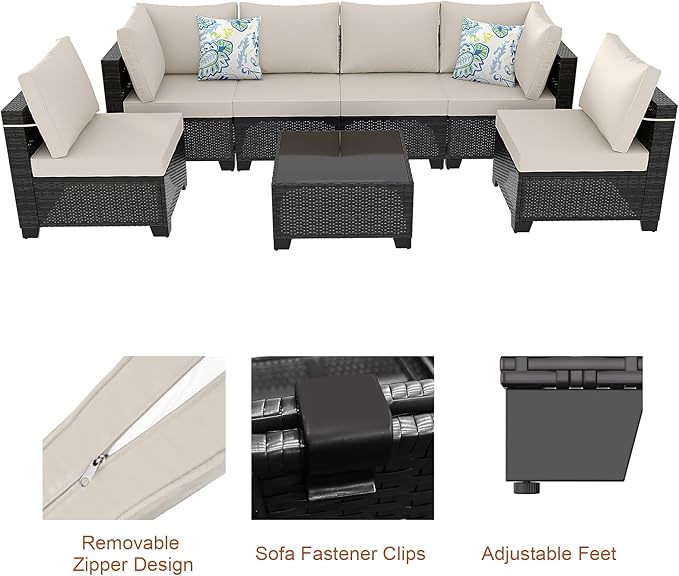 7 Pieces Outdoor Conversation Sectional Rattan Sofa, Patio Furniture Set, with Wicker and Cushions for Garden and Backyard (Brown/Beige)