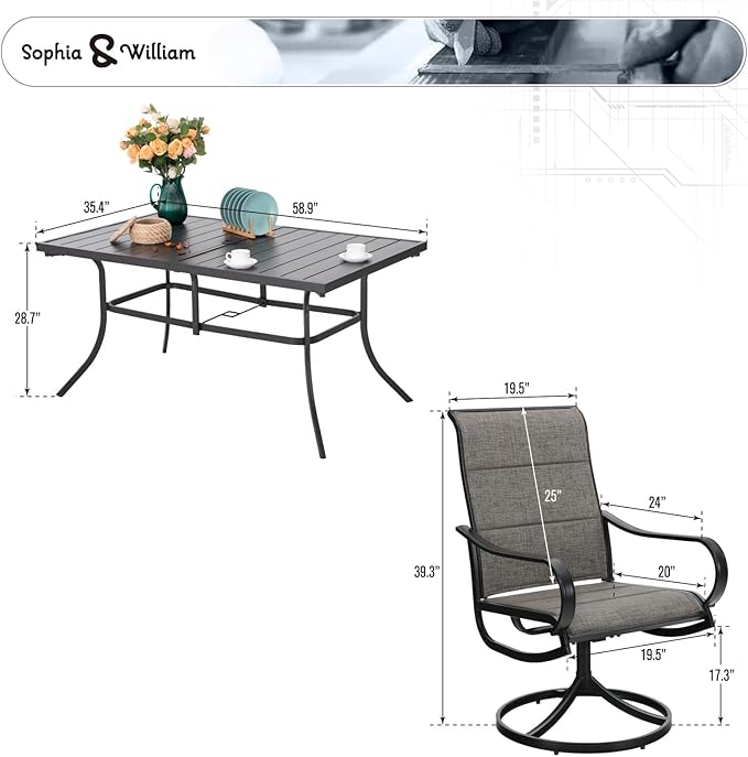 Sophia & William 7 Pieces Patio Dining Set Outdoor Metal Furniture Set, 6 x Swivel Dining Chairs Textilene Padded, 1 Metal Umbrella Table 6 Person for Lawn Garden