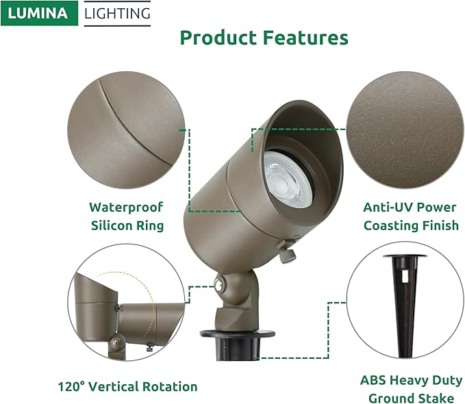 Lumina Lighting® 5W Landscape Lighting 12V Landscape Lights Low Voltage Landscape Spotlights Warm White Waterproof Outdoor Replaceable LED Bulb for Garden,Lawn,Porch,Patio and Yard (Bronze) (2-Pack)