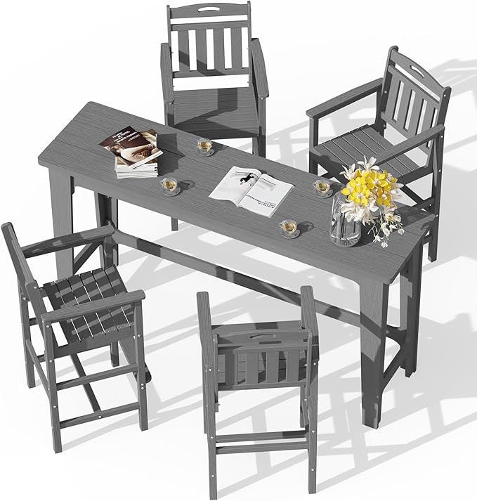 Ciokea Outdoor Bar Height Table Set of 5, 60" Extra Long Rectangle High Top Table and 4 Oversized Adirondack Chairs Set, Heavy-Duty All-Weather HDPE Patio Bar Set for Backyard Balcony Deck, Grey