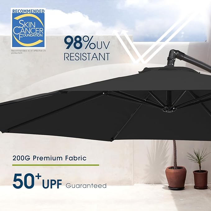 wikiwiki 10ft Patio Umbrella with Base Included, Outdoor Offset Cantilever Umbrella with Sandbag Base for Backyard, Garden and Pool, Easy to Tilt and Crank, Black