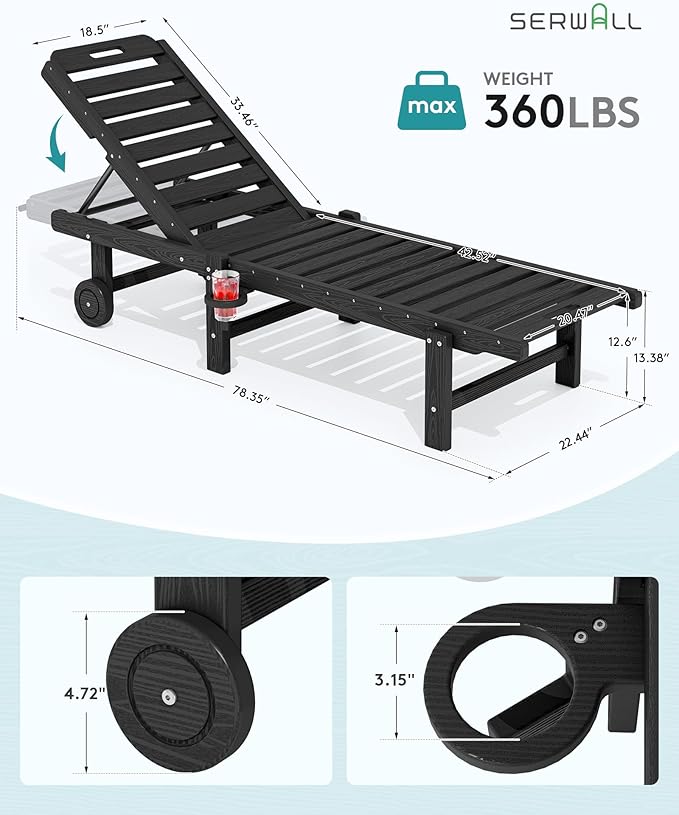 SERWALL Outdoor Chaise Lounge Set of 6, HDPE Pool Lounge Chair with 5-Position Adjustable Backrest, Patio Lounger with Rolling Wheels & Cup Holder for Pool, Black