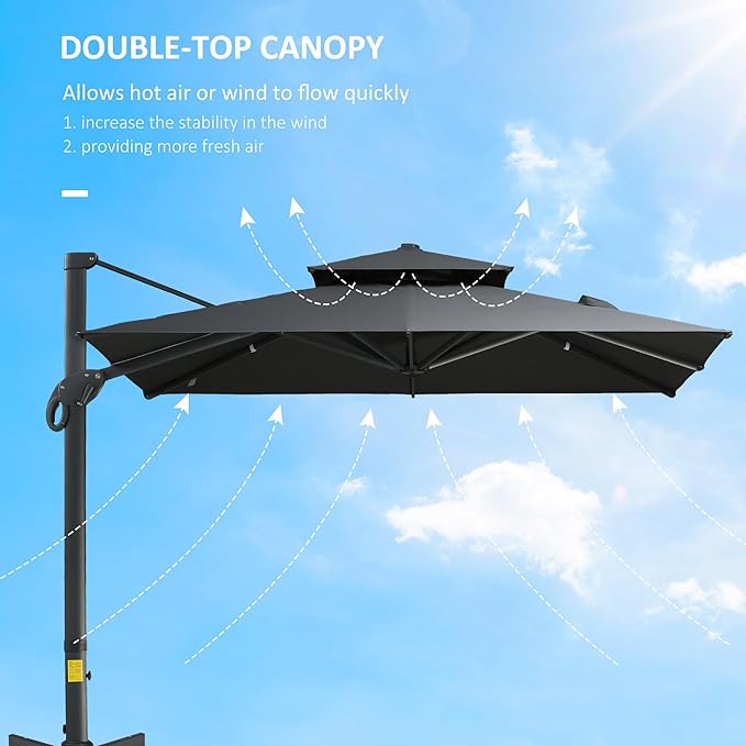 Outsunny 10ft Offset Patio Umbrella, Hanging Cantilever Umbrella, Square Shape, Aluminum Cross Base, Tilt, 360-Degree Rotation