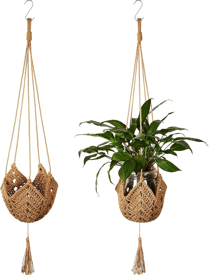 Shappy 2 Pack Jute Crochet Long Plant Hanger for 3 Inch to 12 Inch Pots, Macrame Plant Holder Rope with S Shaped Hooks for Halloween Home Decor (Brown)