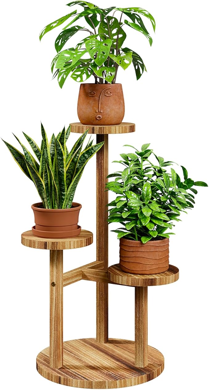 Bamworld 3 Tier Plant Stand Indoor, Corner Wood Plant Shelf for Multiple Plants, Small Tiered Round Flower Stand for Patio Garden Balcony Living Room Bedroom, Brown