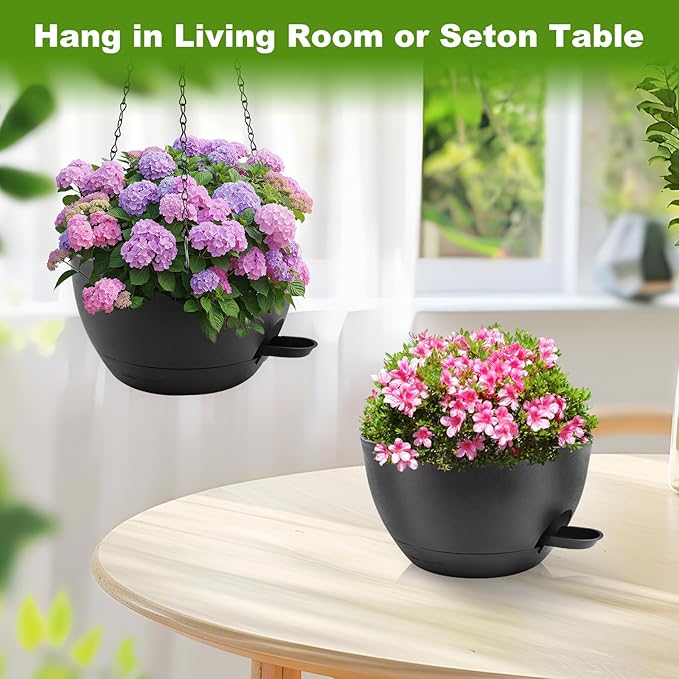 10 inch Hanging Planters for Indoor Plants, 3 Pack Self-Watering Hanging Planter Pots with Chain and Drainage Holes, Outdoor Plastic Hanging Baskets for Garden Home Decor (Black, 3pcs/10inch)