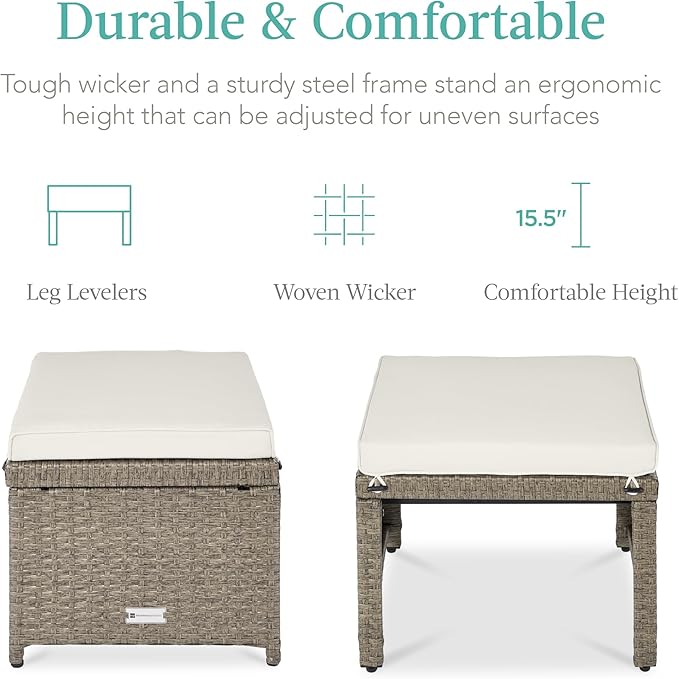 Best Choice Products Set of 2 Wicker Ottomans, Multipurpose Outdoor Furniture for Patio, Backyard, Additional Seating, Footrest, Side Table w/Removable Cushions, Steel Frame - White Sand/Taupe
