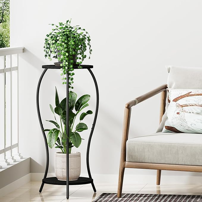 Plant Stand Indoor, 2 Tier Round Tall Plant Stand, Flower Pot Stand, Plant Shelf Rack, Corner Plant Stand for Planter Garden Balcony Patio Living Room (Black-Wood, 2 Tier)