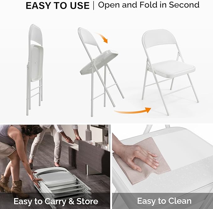 VINGLI 4 Pack Folding Chairs with Padded Seats, Metal Frame with Pu Leather Seat & Back, Capacity 350 lbs, White