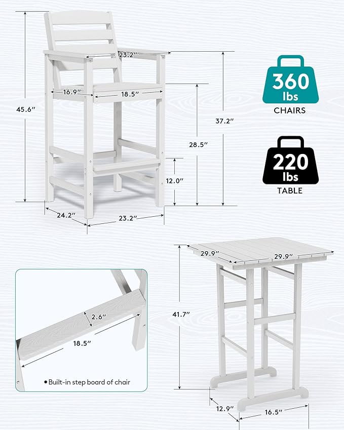 SERWALL 6 Pieces Outdoor Patio Bar Set with 9ft Umbrella, Outdoor HDPE Barstool and Table Furniture Set with Patio Umbrella, White