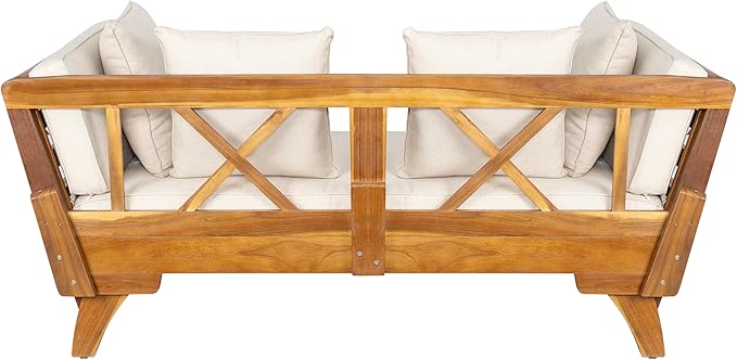 Merax Outdoor Patio Daybed Sofa,3-Seat Sofa with Foldable Arm 4 Back Pillows,Teak Acacia Wood Frame Beige Removable Cushion,Teak+ Beige