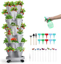 GameXcel Vertical Planter, 7 Tier Stackable Strawberry Planter with Garden Tool Set, Movable Indoor/Outdoor Garden Herb Pot for Growing Vegetables and Succulents, Gray