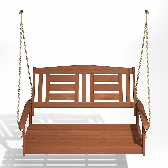 Furinno TIOMAN Porch Swing, 2-Seater Outdoor Hanging Wooden Swing with Chain in Teak Oil, for Patio, Garden, Porch, Light Wood