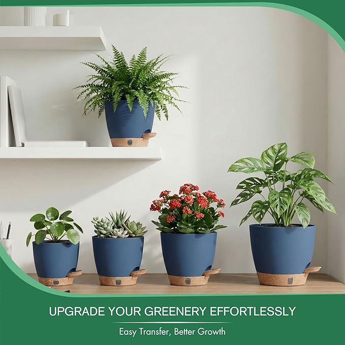 montresor 5-Pack 5/5.5/6/6.5/7 Inch Reservoir & Drainage Plastic Self Watering Flower Pots– Ocean Blue Indoor Plant Pots with Wick System for Peace Lily, Fern, Spider Plant
