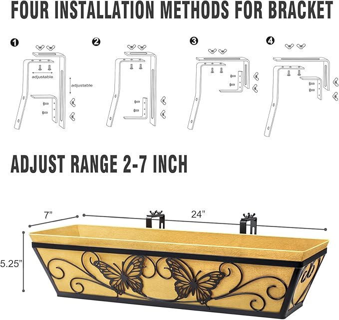 2 Pack 24 Inch Window Boxes Planter Railing Planters Box with Adjustable Brackets for Porch Deck Balcony Hanging Butterfly Decorative Flower Baskets & Non-Woven Fabric Liner for Outdoor Plants - Black