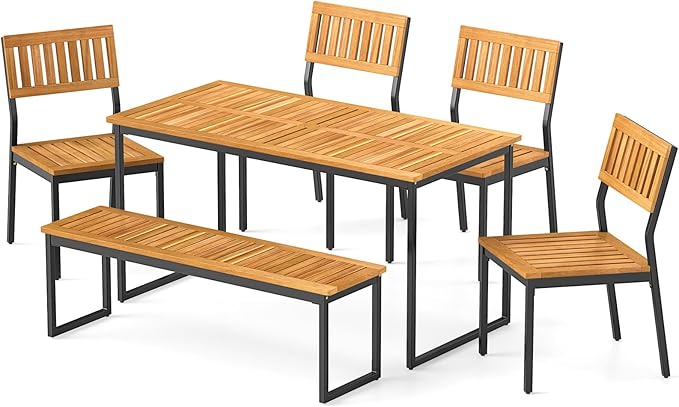 Tangkula 6 Pieces Outdoor Acacia Wood Dining Set, Patio Table and Chairs Set with Bench and 2” Umbrella Hole, Outdoor Patio Dining Furniture Set for Lawn, Garden, Poolside, Backyard