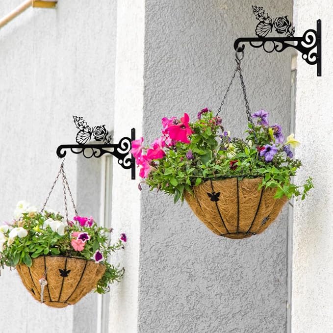 hogardeck Plant Hangers Outdoor Decor, 2 PCS 10” Metal Hanging Plant Bracket with Buttterfly and Flower for Garden Patio Yard Decor, Plant Hooks for Hanging Plants, Bird Feeder, Wind Chime, Lantern