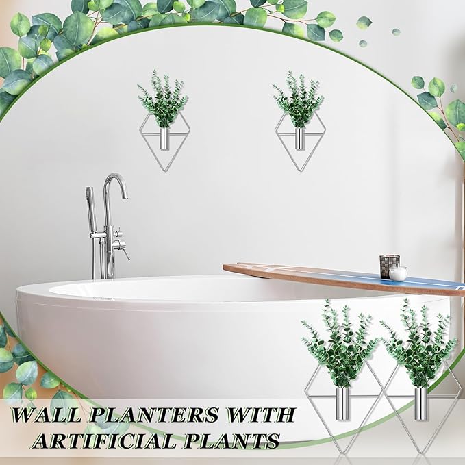 2 Pieces Wall Decor Hanging Planters with Artificial Plants Metal Hanging Vase Indoor Plants Holder Modern Boho Wall Art for Bathroom Bedroom Living Room Decor(Silver, Eucalyptus)