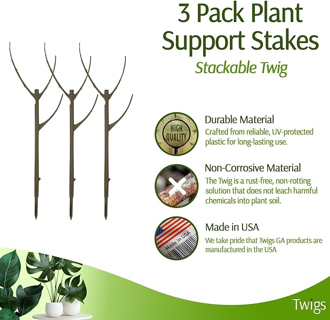 Stackable Plant Support Stakes, Indoor & Outdoor Houseplant Stem Support, Garden Accessories, Durable Trellis Alternative for Climbing & Potted Plants - Moonstone, 3 Pack, 17" L