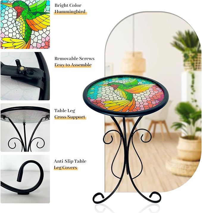LIFFY Outdoor Side Table, 12" Glass Hummingbird Tabletop Patio Tables with Metal Frame, 21" Height Indoor Small Round Home Decorative Plant Stand Outside for Garden Patio Yard Porch