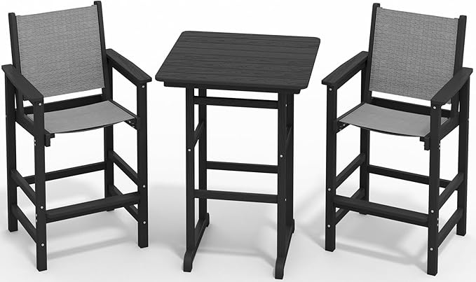SERWALL Textilene Adirondack Bar Chairs Set of 2, Tall Adirondack Bar Height Chairs, Sling Balcony Adirondack Chairs, Weather Resistance Resin Outdoor Bar Height Stools, Black