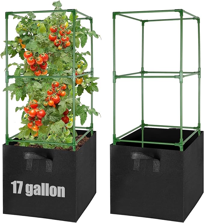 ANPHSIN 3 Sets Tomato Cages with 17 Gallon Grow Bags - 46'' Heavy-Duty Plant Support Trellis Tomato Planter Pots Kit, Garden Vegetables Cucumber Flowers Vertical Climbing Plants Vines