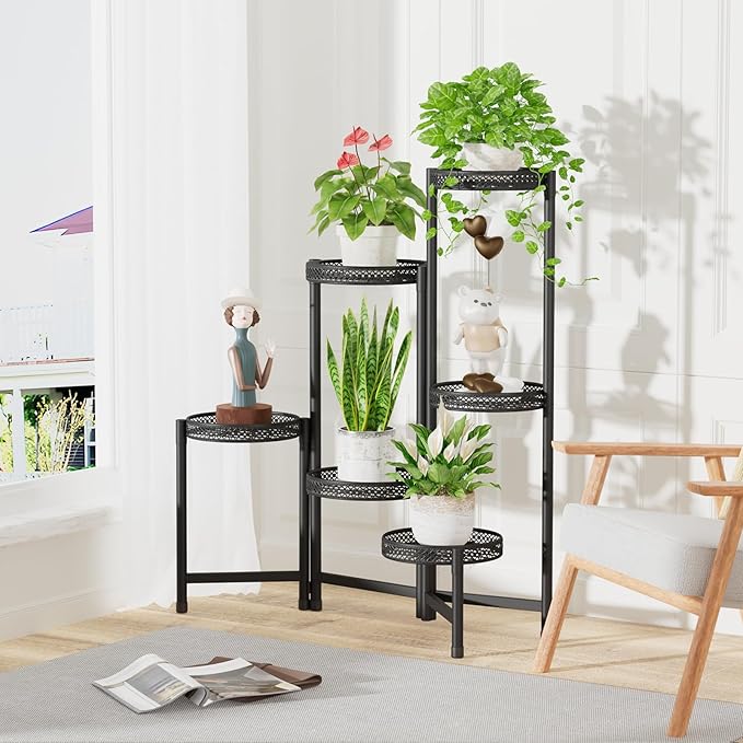 iDavosic.ly Plant Stand Indoor Outdoor, 6 Tier Corner Metal Flower Display Holder Shelf, Folding Tall Orchid Rack for Patio Balcony Porch Garden Living Room House, Wrought Iron - Modern Black