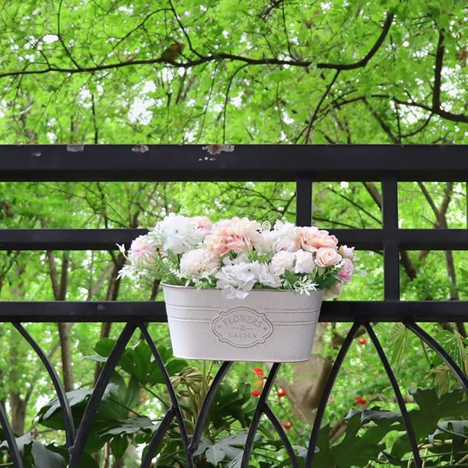 3 Pack Metal Railing Planters, 10.5" Oval Hanging Flower Pots with Detachable Hooks & Drainage Holes, Fits Rails up to 2.36", Galvanized Iron Fence Bucket for Balcony Garden Patio - Letter White