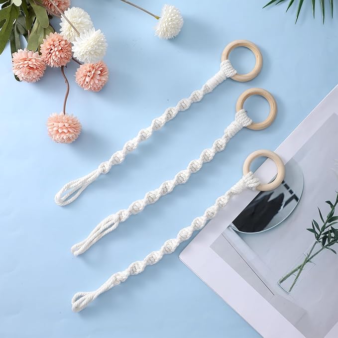 3 Pcs Adjustable Macrame Plant Hanger Extenders with Wooden Ring Handmade Woven Hanging Basket Extension Connectable Rope Hanging Plant Extender for Outdoor Indoor Plants Pot Holder Home Decor