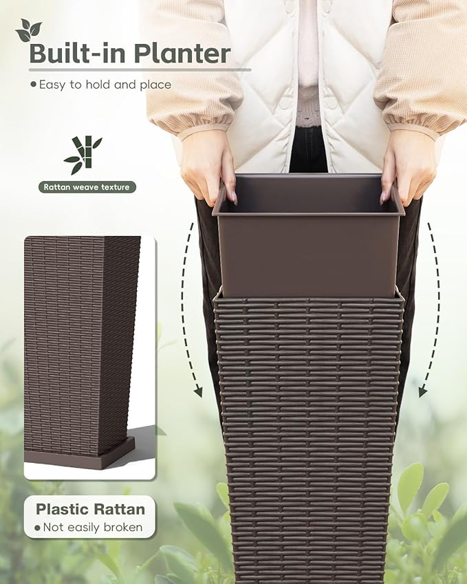 Greesum Set of 2 Tall Plastic Planters with Saucer, 24 Inch Large Pots with Drainage Trays, Weather-Resistant Plastic Plant Containers for Patio, Porch, Garden,Brown