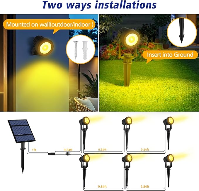 T-SUNUS Solar Spot Lights Christmas 6-in-1 Outdoor Warm White 3000K Landscape Spotlight IP65 Waterproof Separated Panel Spotlights with 9.8ft Cable Auto On/Off for Tree Lawn Driveway Pathway Halloween