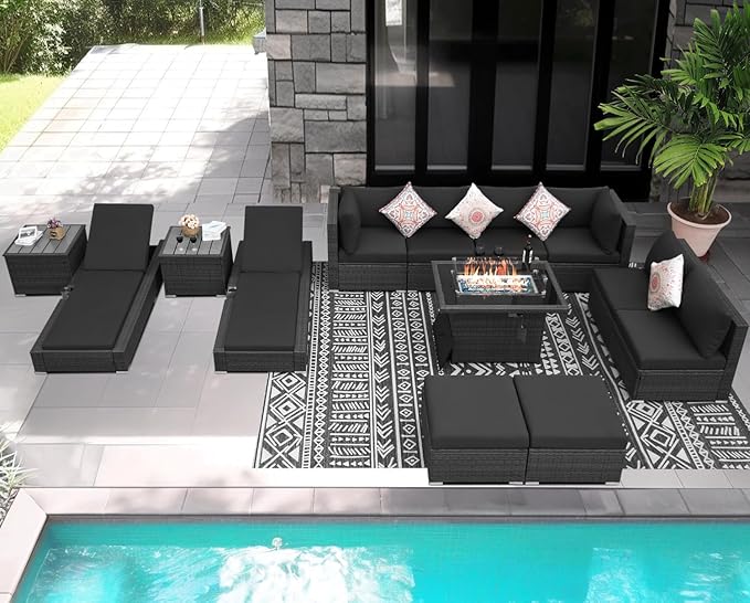 NICESOUL 13 Piece Patio Set with Fire Pit Table, Luxury Large Size Outdoor Furniture with Firepit & Chaise Lounge, 29.3" Highback Deep Seating 500 lbs Heavy Duty for Backyard, Deck, Dark Grey