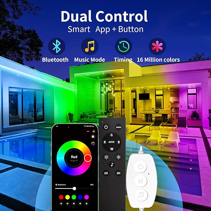 KSIPZE 100ft(2x50ft) Outdoor led Strip Lights Waterproof IP68, RGB Outdoor led Lights with Button & Bluetooth App Control, Music Sync, Timer, Exterior Led Rope Lights for Decor Balcony, Roof