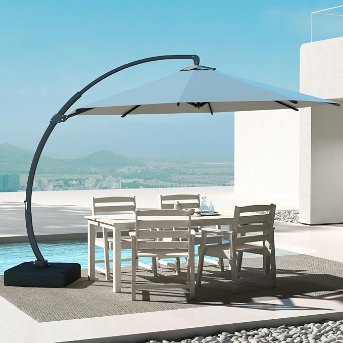 5-Piece White Outdoor Dining Set with White 11FT Large Patio Umbrella, 75.2'' HDPE Table & Chairs for 8, Weather-Resistant Furniture with Umbrella Hole for Patio, Lawn, Poolside