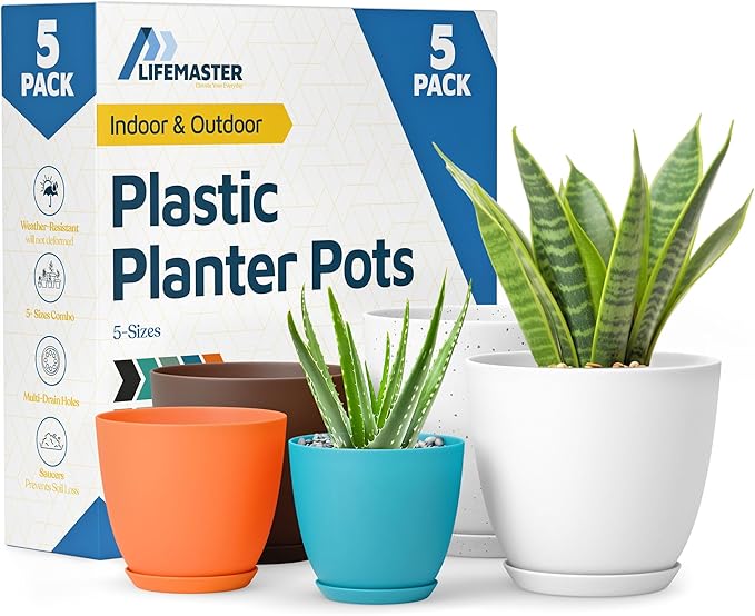 Multicolor Plant Pots with Drainage Holes & Saucers 5 Pack, Indoor & Outdoor Stackable Space-Saving Planters for Houseplants & Flowers, (7", 6.7", 6", 5.3", and 4.8" Inches), Durable & Weatherproof