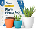 Multicolor Plant Pots with Drainage Holes & Saucers 5 Pack, Indoor & Outdoor Stackable Space-Saving Planters for Houseplants & Flowers, (7", 6.7", 6", 5.3", and 4.8" Inches), Durable & Weatherproof