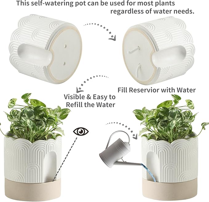 Nihow Self Watering Plant Pot for Indoor Plants with Wick: 8 Inch Ceramic Planter with Drainage Hole & Water Storage - Relief Design - Beige & Nature Flower Pot
