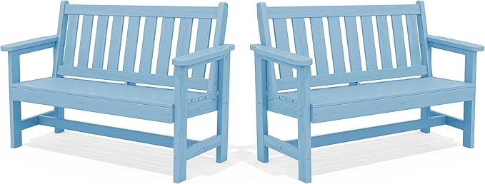 SERWALL Outdoor Bench, HDPE Outdoor Benches Weatherproof, 2-Person Garden Bench with 660 lbs Weight Capacity, Patio Benches for Outdoors, Garden, Porch, Backyard and Park, Light Blue, 2 Pack