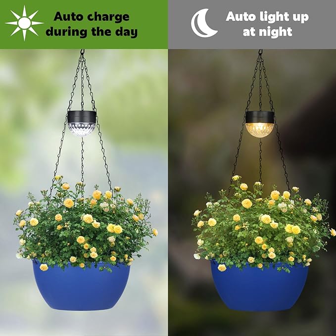 BAYN 2 Packs Solar Hanging Basket Planters for Plants Outdoor, Self Watering Blue Flower Plants Pots with Solar Light Drainer for Balcony Patio Garden Outdoor Decoration